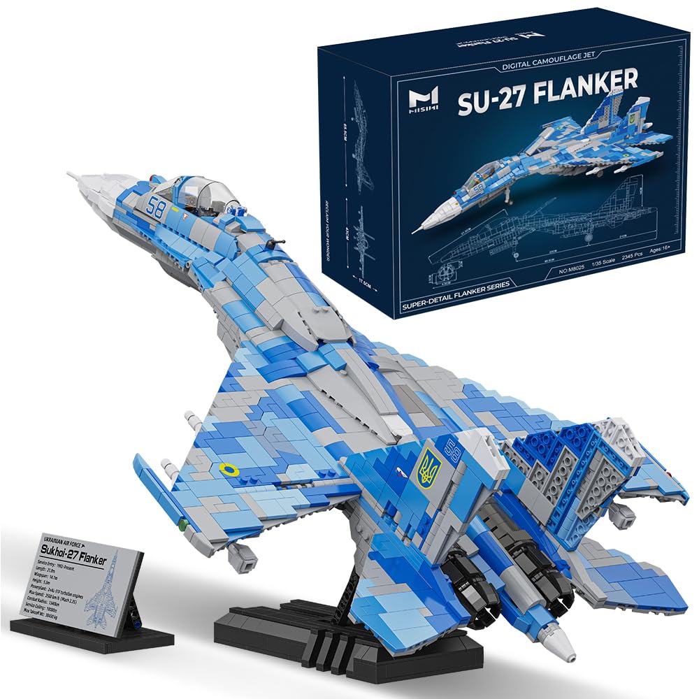 MISINI M8025 SU-27 Flanker Klemmbausteine Bausatz, MOC Militärflugzeug Modell mit Ständer und Namensschild, Kampfflugzeug Ausstellung Geschenk für Militärfans und Erwachsene Enthusiasten-2345 Stück