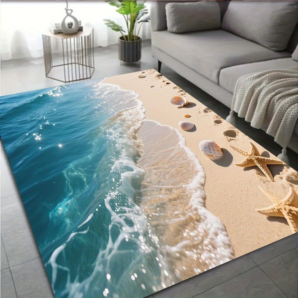 Bycmuoz 3D Beach Starfish Area Rug, 70x140cm, Ocean Waves Seashells Marine Animals Floor Carpet, Shed-Resistant Low-Pile Carpets, Durable Fade-Resistant Mats for Family Nursery Entrance
