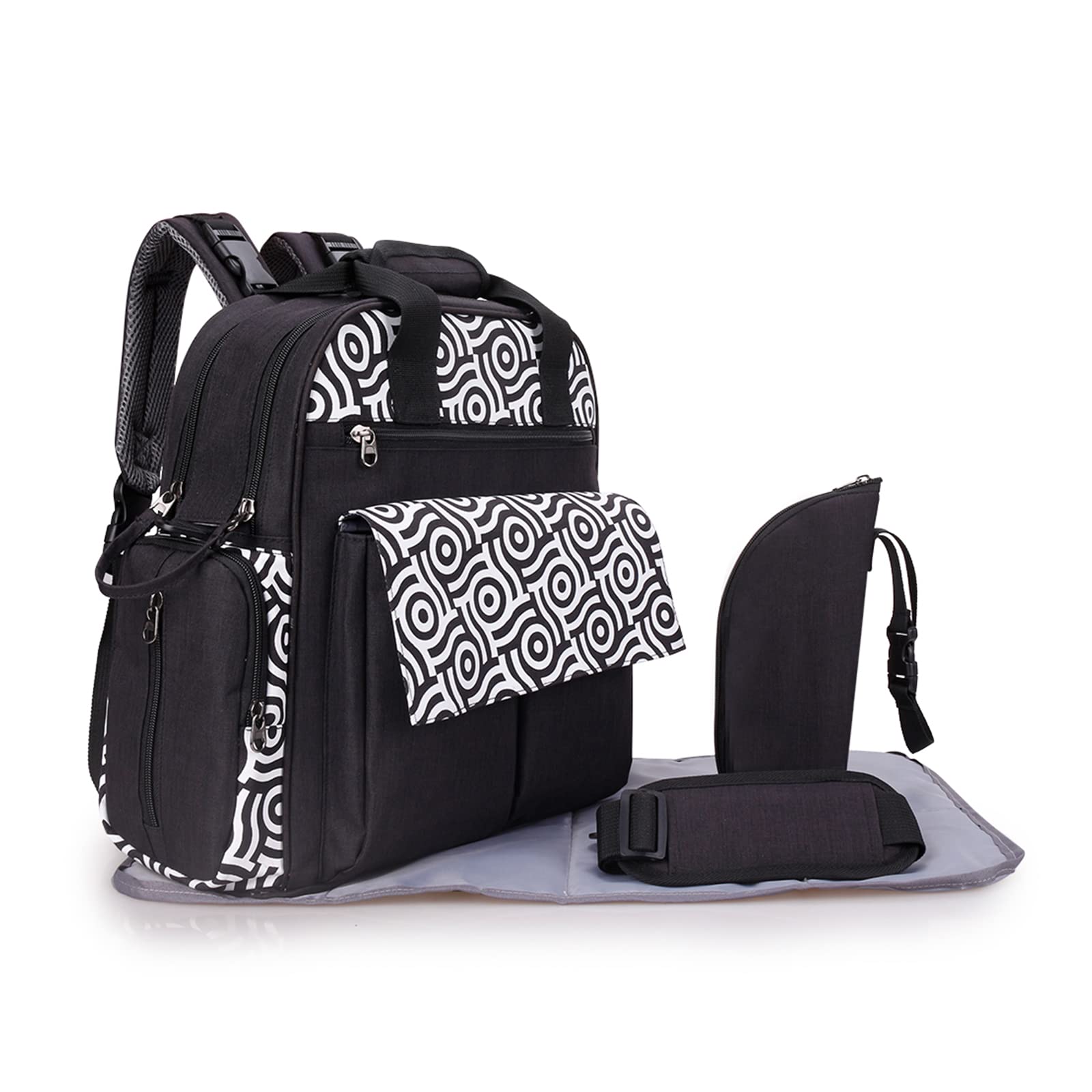 SONARIN Multifunctional Portable Baby Changing Bag Backpack,Large Capacity Travel Diaper Bag Nappy Changing Bag Mummy Bag with Changing Mat & Insulated Bottle Bag & Shoulder Strap(Black)