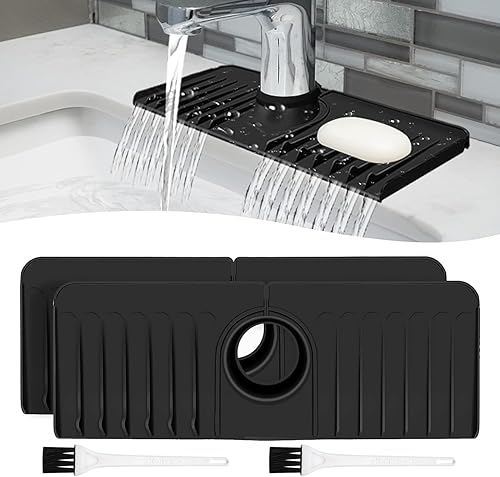 Miniatura 1 de Sink Splash Guard - Paquete de 2 alfombrillas de silicona para bandeja de goteo con mango de grifo con pendiente para autodrenaje para cocina, baño,