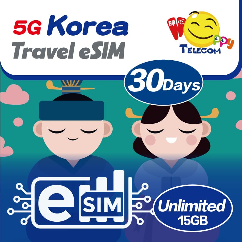 Happy 5G Carte SIM 30 Jours Illimités Corée Du Sud | 15 Go De Données Haute Vitesse 5G Puis 128 Kbps | Aucune Inscription Requise | Activation Facile
