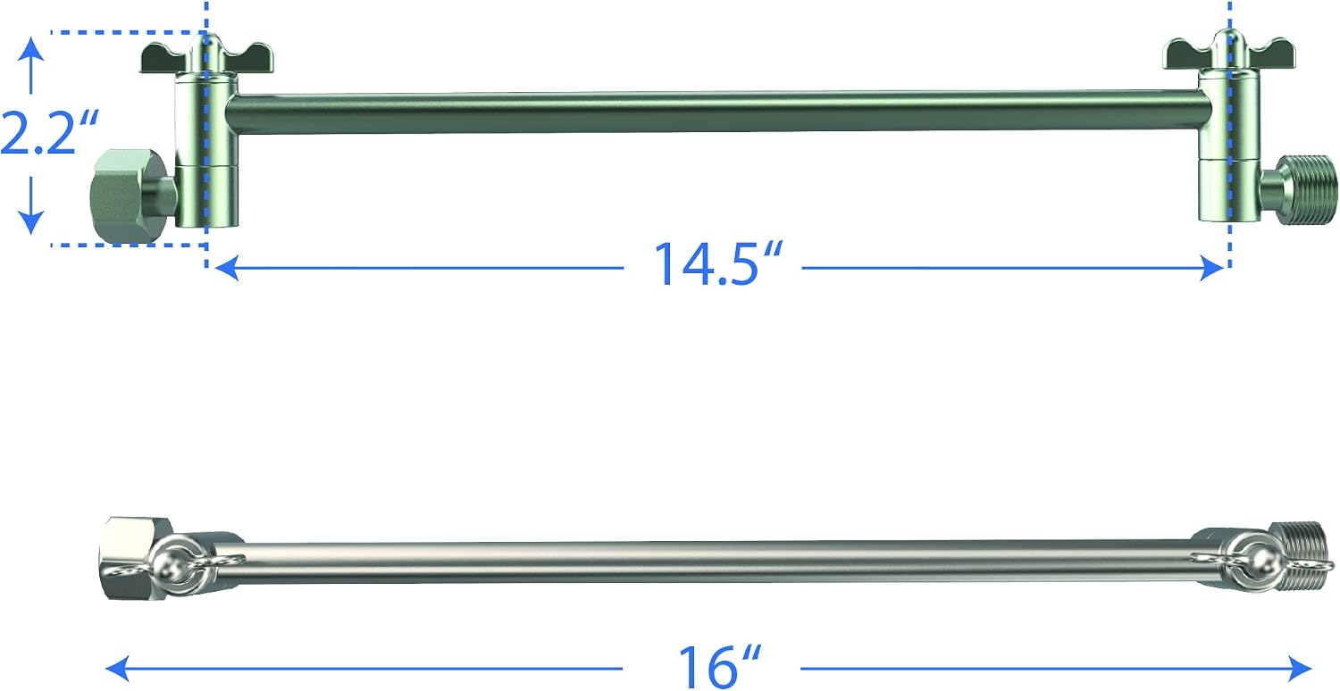 16-Inch Extra Long Shower Extension Arm. Solid Brass. Height/Angle Adjustable With a Unique Locking Gear for a Perfect Position Every time. Holds All Showerhead Sizes.