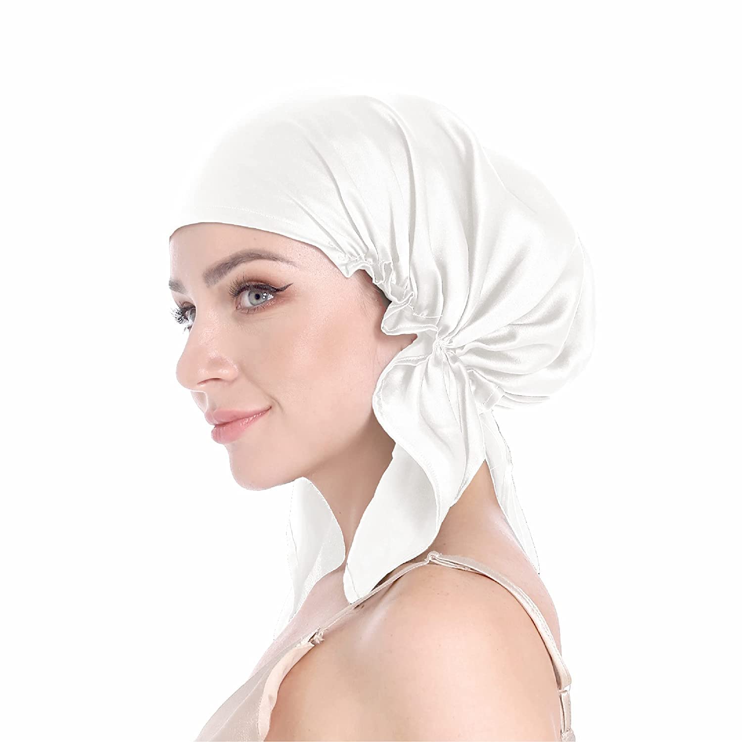 ELECDONSilk Sleep Cap, Silk Bonnet for Sleeping, Hair Bonnet with Tie Band, 100% Silk Sleep Cap for Curly Hair, Silk Hair Wrap for Hair Care (White)