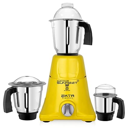 SilentPowerSunmeet EPNEX 1HP-Watts Mixer Grinder with 3 Steel Jars (1 Wet Jar, 1 Dry Jar and 1 Chutney Jar) (Yellow) ISI Certified