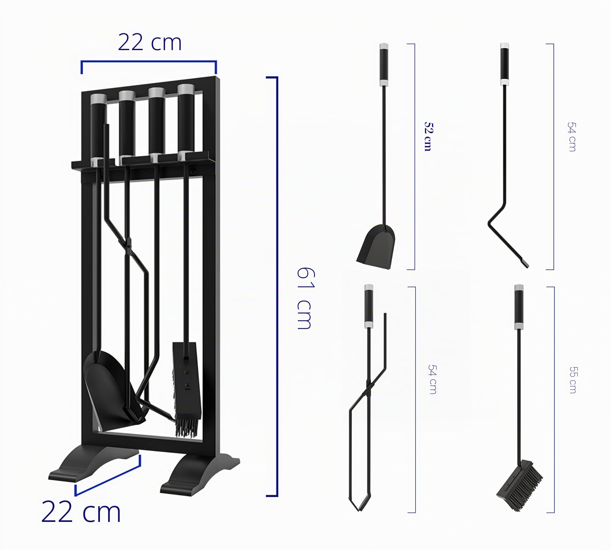 Kingson Ensemble de 5 accessoires de cheminée - Comprend tisonnier, pelle, brosse et pince - Outils de cheminée de 61 cm avec poignées en acier inoxydable et fer - Support noir moderne - Montage