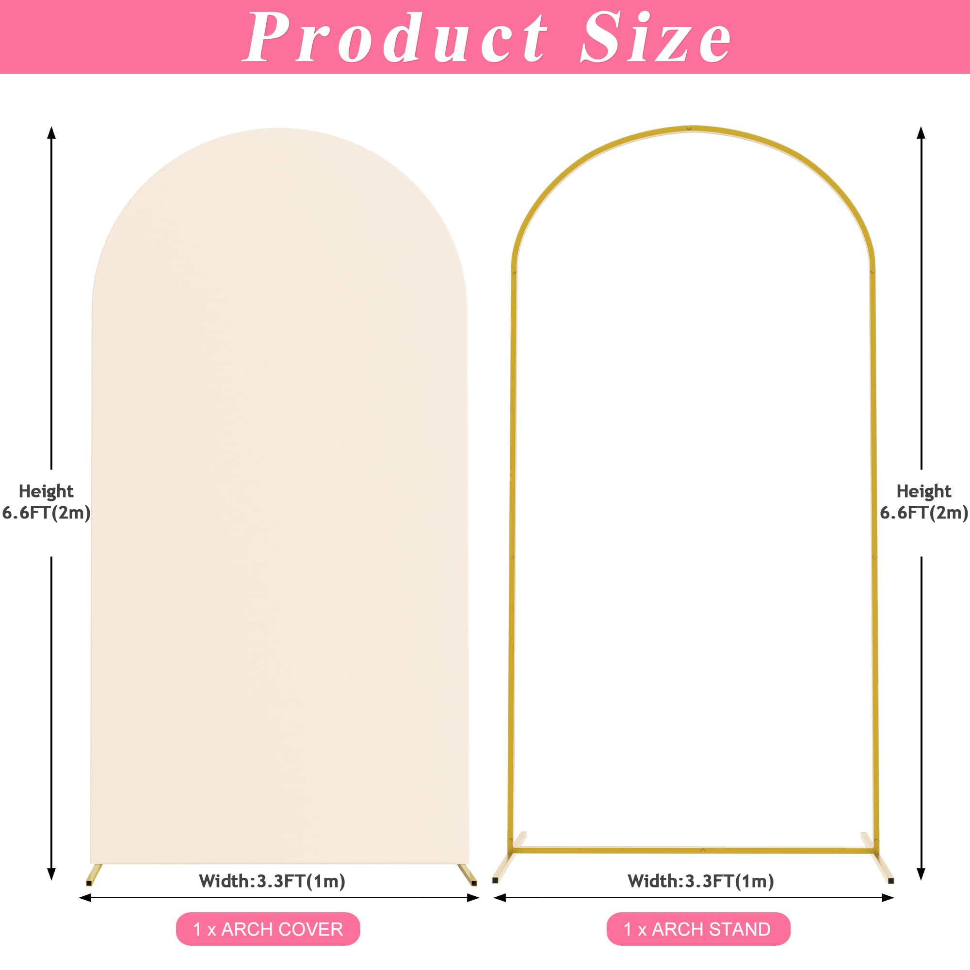 Putros 6.6ft Metal Arch Stand with Cover Beige Spandex Fitted Wedding Arch Cover and Round Top Chiara Backdrop Stand Set for Birthday Party Baby Shower Decoration