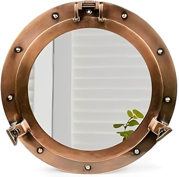 Nautical Brass Ships Porthole Mirror and Window | Vintage Inspired Ship Wall Decor for Bathroom & Bedroom Retro Maritime Home Decor Lite Copper, Mirror, 15 inch