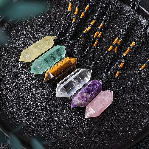 Image of Runyangshi Tiger's Eye Healing Crystal Pendants, Double Pointed Natural Crystal Quartz Necklace 6 Faceted Chakra Crystal Wand Stone