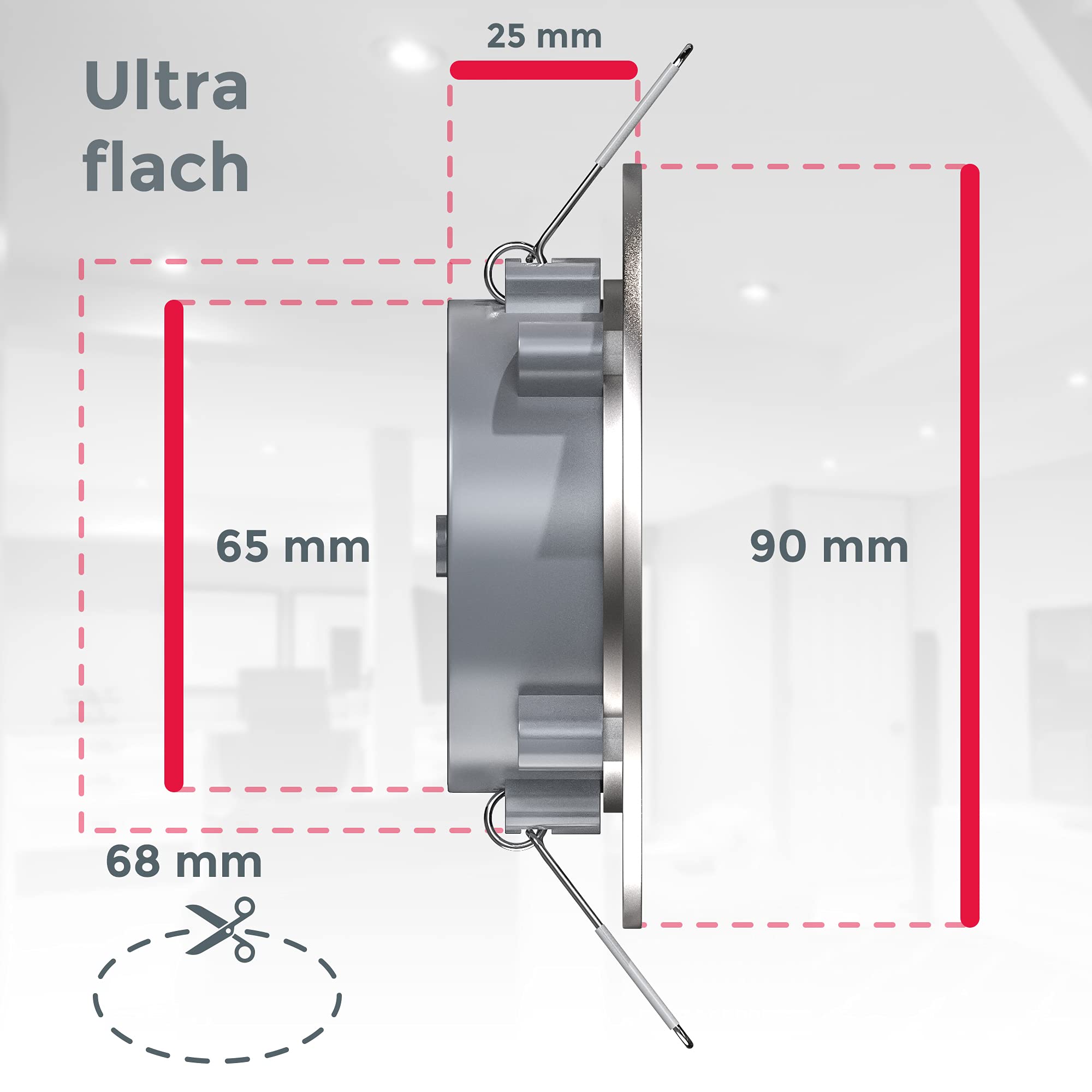 B.K.Licht lot de 6 spots à encastrer spéciales salle de bain IP44 ultraplats 25mm, dimmables, Ø90mm, nickel mat, éclairage plafond encastrable, platines LED 4,9W, 480Lm, blanc chaud 3000K