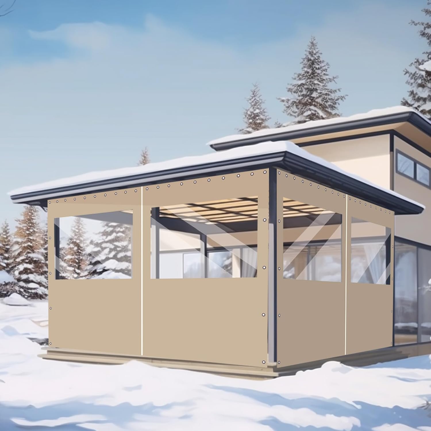 FoundGo 8(H) x12(W) ft Heavy Duty Vinyl Gazebo Curtain Replacement with Window,Privacy Gazebo Curtain Outdoor Waterproof Windproof and Snowproof in Winter for Garage,Pavilion,Balcony-Khaki-1pc