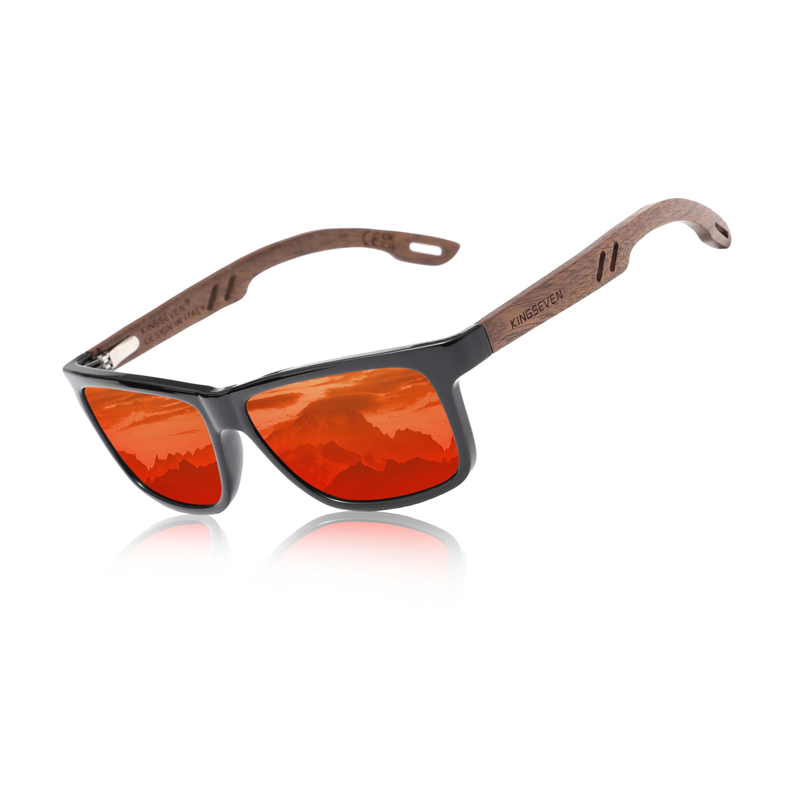 Design Wood Polarized Rectangular Sunglasses for Men, Walnut Wooden Frame Mirrored Glasses for Driving W5508