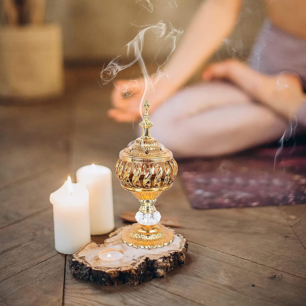 Metal Vintage Incense Burner, Christian Greek Censer, Gold Iron Art Candlestick Decorative Candle Stand for Church Home Desktop Retro Censer