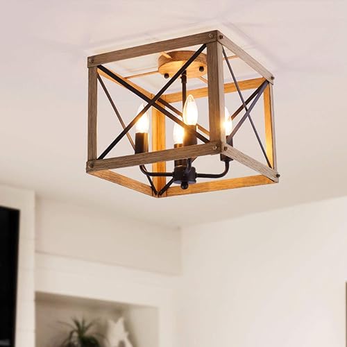 VILUXY Lámpara de techo rectangular industrial retro de metal con pantalla de acabado de aspecto de madera pintada para pasillo, entrada, passway,