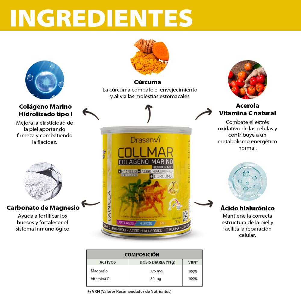 Colageno Drasanvi Collmar Hidrolizado Marino Con Acido Hialuronico Magnesio | Bienestar Articular Y Muscular, Con Curcuma Y Vitamina C - Colageno Marino Hidrolizado En Polvo Sabor Vainilla, Pack 3x300 G