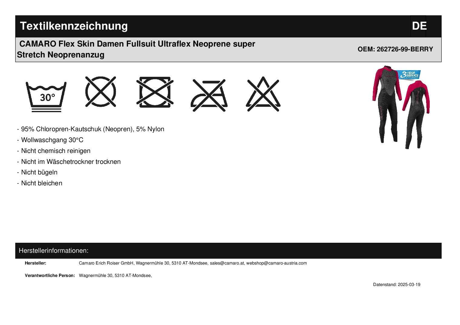 CAMARO Flex Skin Damen Fullsuit Ultraflex Neoprene super Stretch Neoprenanzug