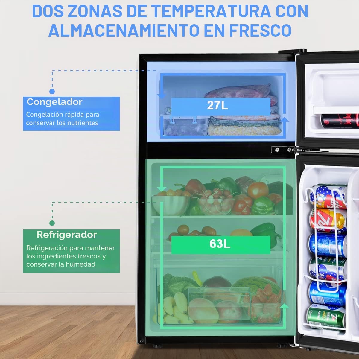 GOPLUS Frigorífico 90 L, Minifrigorífico con Congelador de 27 L y Frigorífico 63 L con Marco de Acero y Termostato Ajustable, Mini Nevera de Bajo Consumo para Casa Oficina 48×49,5×86 CM (Gris)