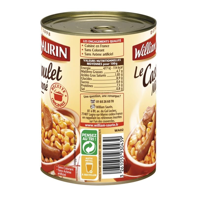 Délicieux Cassoulet Maison William Saurin - 420g - Plat Mitonné Savoureux Secret de la Cuisine Traditionnelle Française - Prêt à Déguster - Le Lot De 4