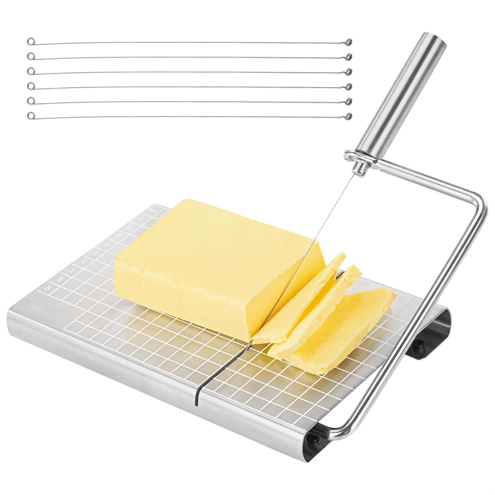 6-Wire Cheese Slicer, Stainless Steel Cutter with Scale and Cutting Board for Charcuterie