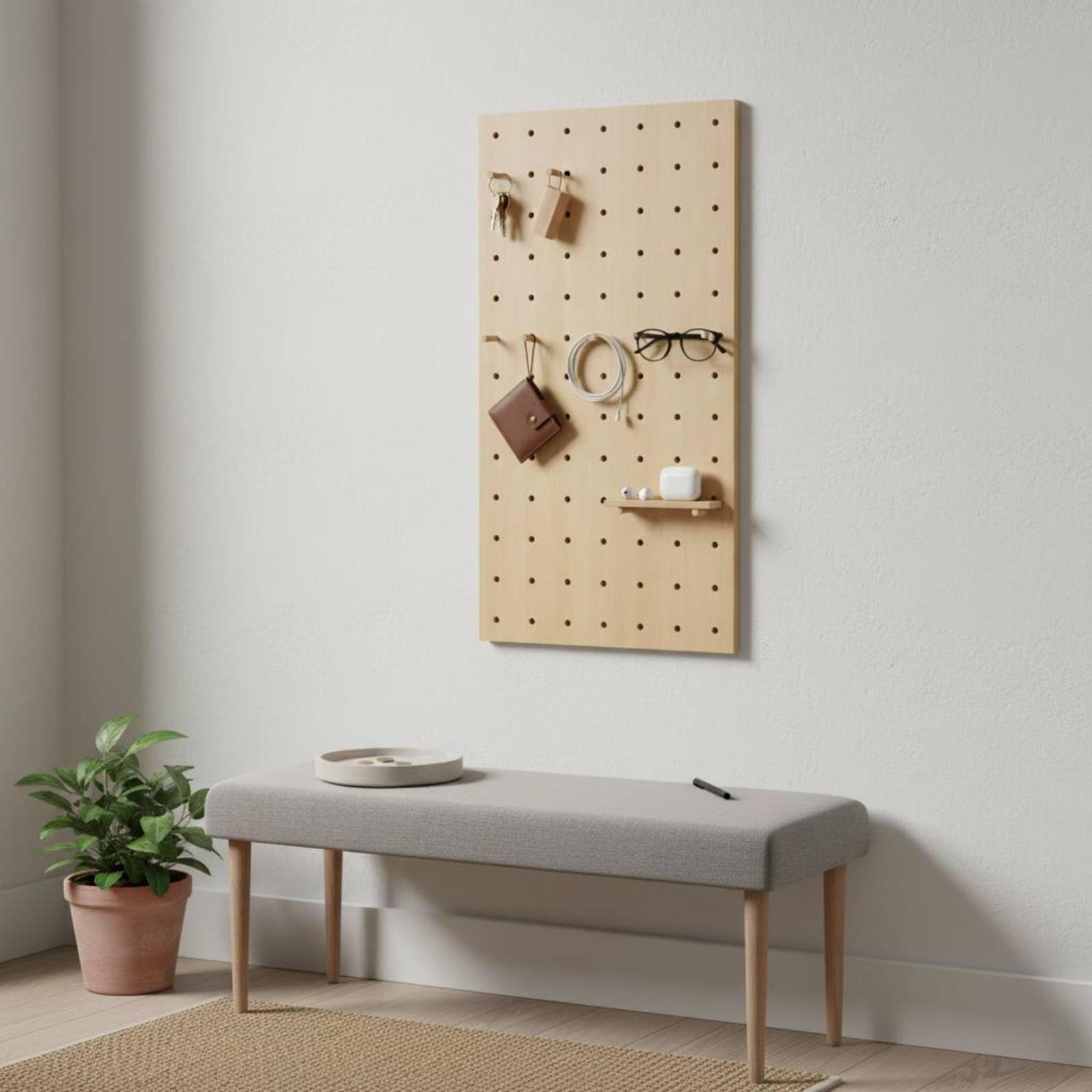 Estantería de Pared Organizador de Tablero Perforado Estante Perchero Soporte Tablero Ajustable con Estantes y Pernos Móviles Decoración Limpia Estilo, Madera Natural A