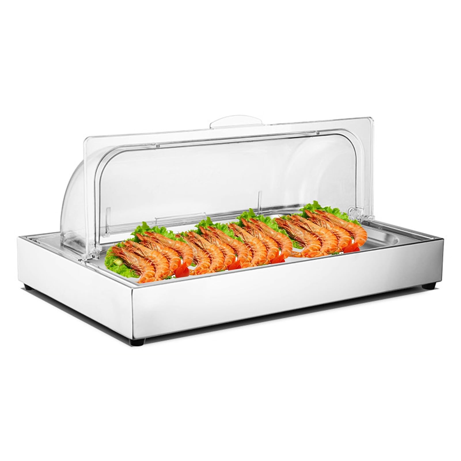 Edelstahl-Eiscreme-Serviertablett mit transparentem Rolldeckel, Lebensmittelspender, Vitrine für Löffel und Sils (2 cm, 1 Gitter)