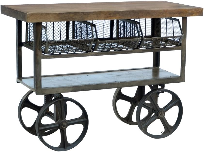 3 Drawers & Shelf The Industrial Collection Vintage Style Artisan Crafted Aged Iron Trolley Table with Stained Mango Wood Top