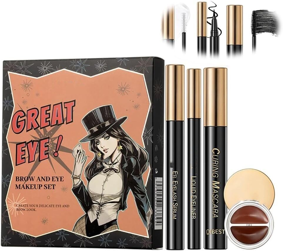 All-In-One Gift Set, Complete Eye Makeup Kit with 2-Colour Eyeshadow Palette, Mascara, Eyeliner Brush, Eyebrow gel, Ideal Starter Set for Women Beauty Cosmetics for Daily Eye