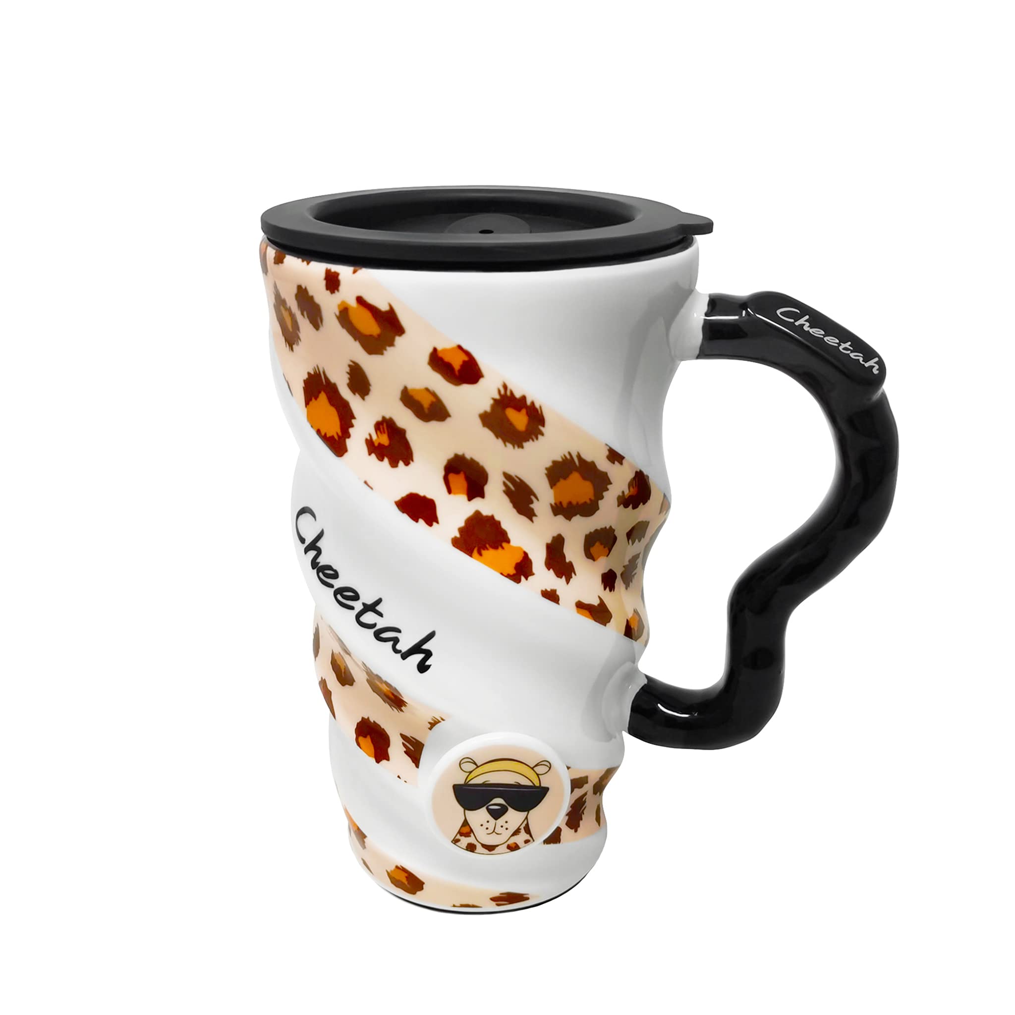 Reusable Ceramic Coffee Mug with Lid, Porcelain Tea Latte Cup 20Oz (Cheetah)
