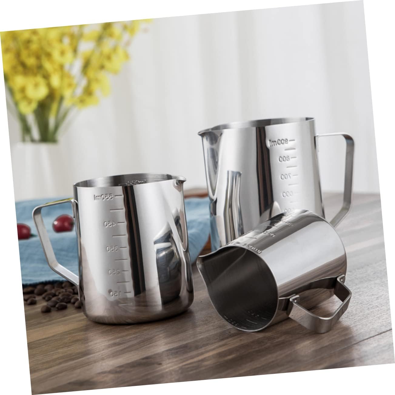 2pcs Stainless Pitcher Coffee Pulling Cup Cooking Beaker Stainless Steel Pitcher with Handle Measurement Cup Laboratory Measuring Cup Pouring Pitcher Scale Pull Flower Tank (x2pcs 350mlx2pcs)