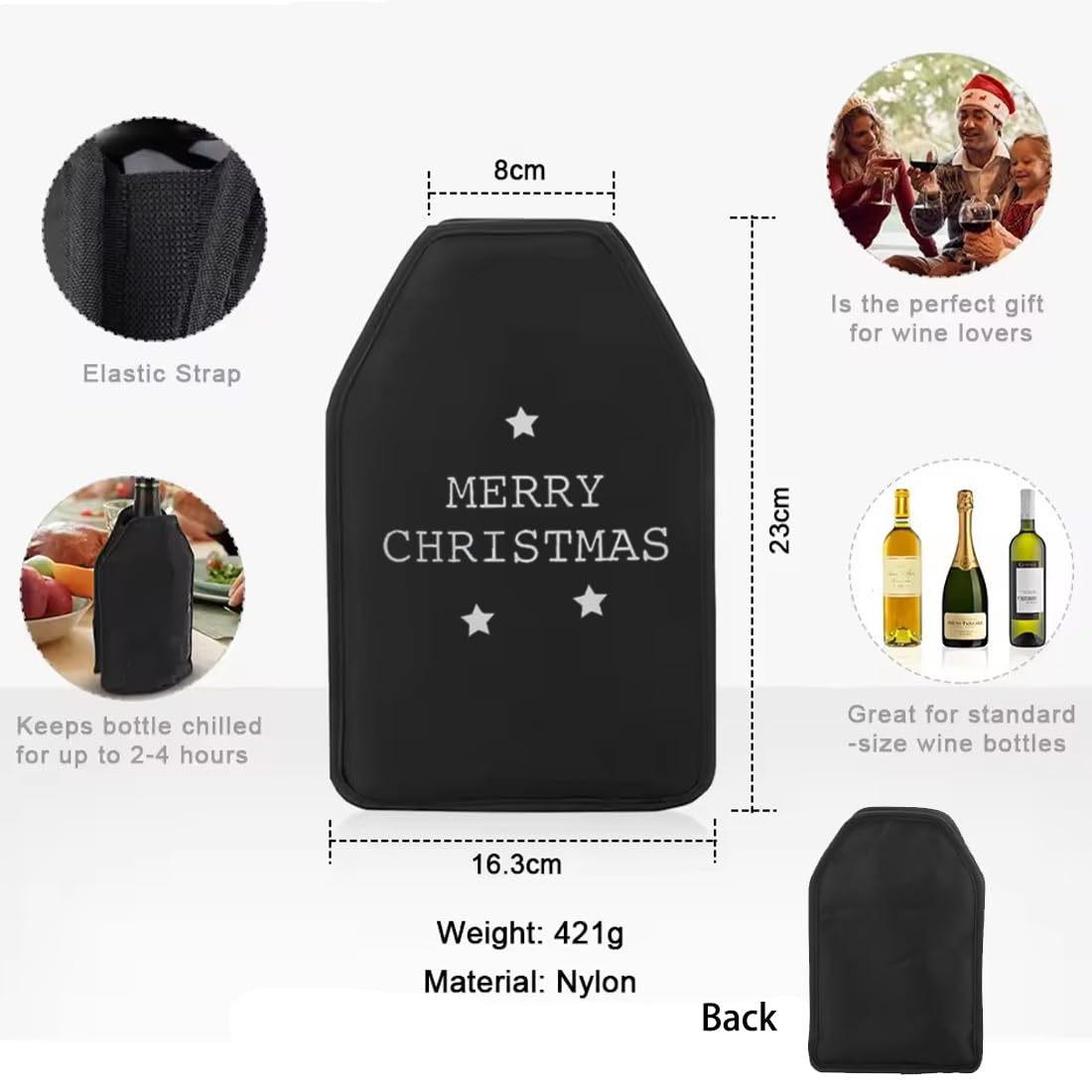 Ice Wine Sleeve, Ice Wine Chiller, Wine Cooler Refrigerator, Wine Bottle Chiller Cooler for Red White Champagne or Sparkling. Gel Cooling Holder Freestanding Carrier Chilling, Set 2 (Black/Santa) — Amazon image 3