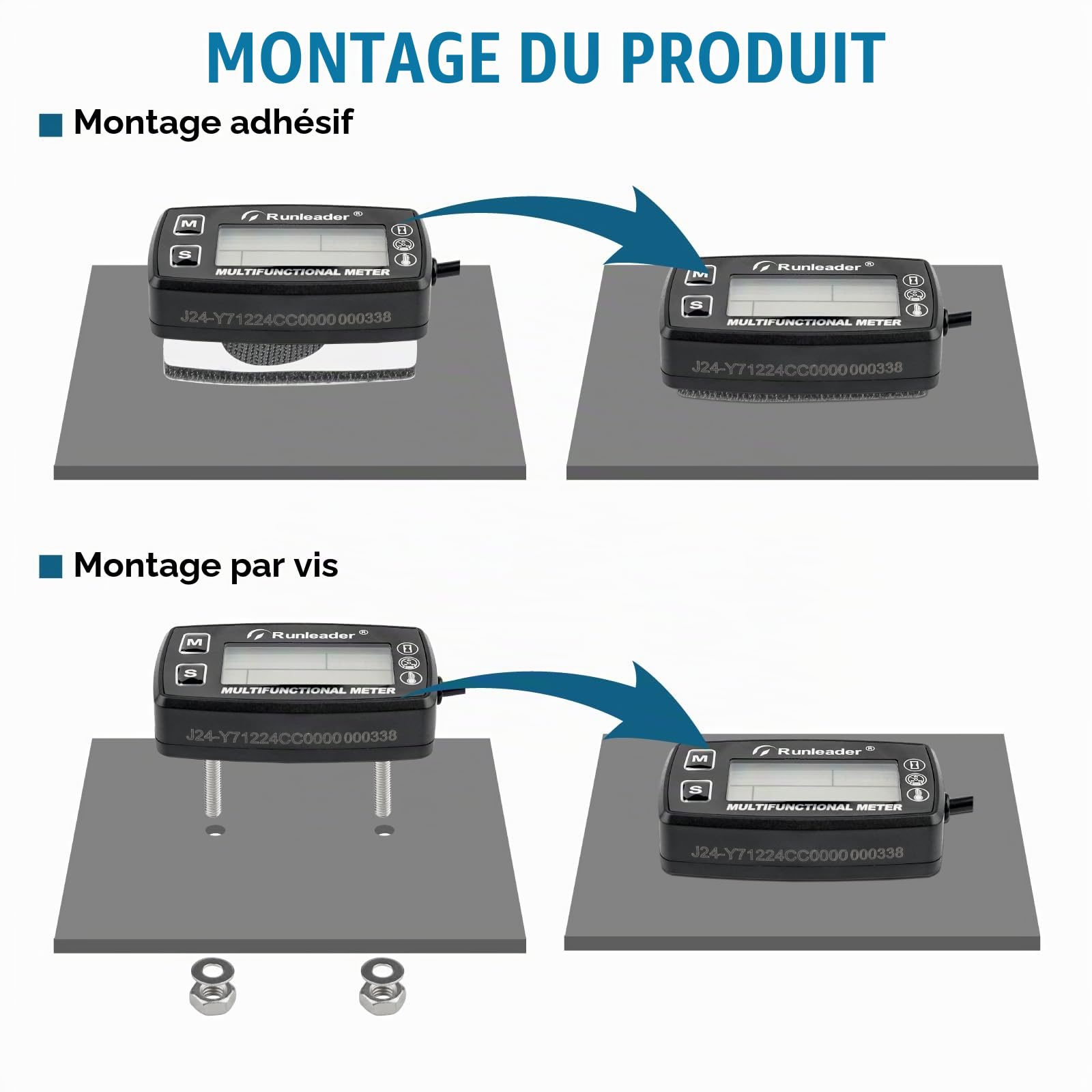 Runleader Compteur horaire numérique,jauge de température du moteur, alerte RPM et température,affichage des rétroéclairages pour tracteur de pelouse,générateur de compresseur,motoneige | RL-HM035A-TS002 Alarme RPM Et Temp,Écran Rétroéclairé,Pour Tracteur
