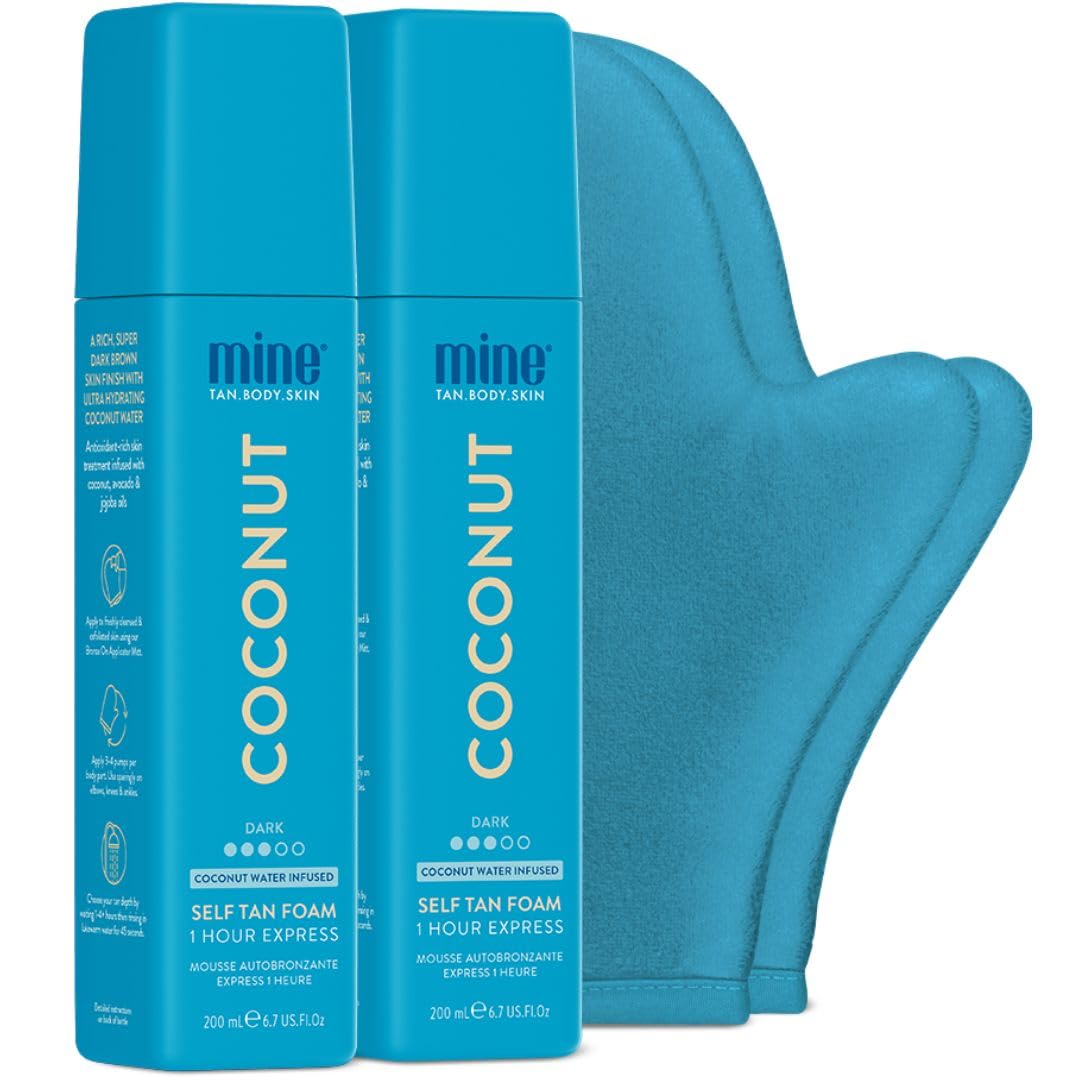 MineTan Coconut Duo Self Tan Bundle | Express 1 Hour - Includes 2 Coconut Sunless Tanner Mousses, Application Mitt, & Exfoliating Glove for Tan Removal & Prep
