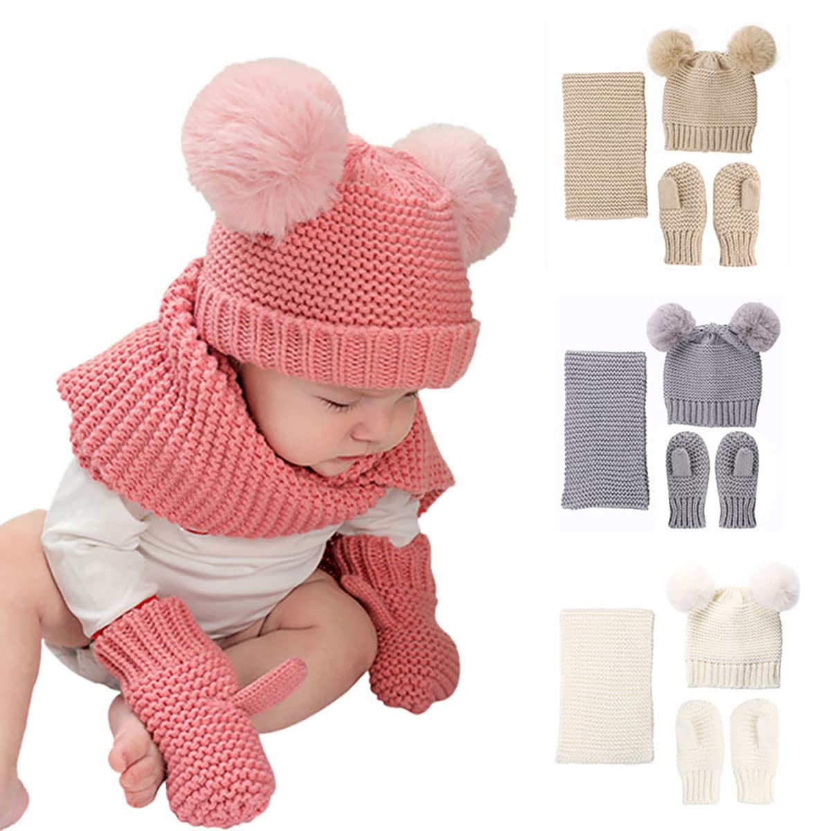 Kleinkind Strickmütze Schal Set, Winter Warm Niedlich Baby Strickmütze Schal Handschuhe Anzug Winter Häkeln 03 Jahre, Grau
