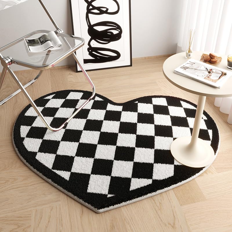 Retro Black White Checkered Rugs with Heart Shaped Shag Rug for Girls Bedroom 48”x48”, Soft Furry Carpets Chair Mat Non-Slip (Checkered, 48''x48'')
