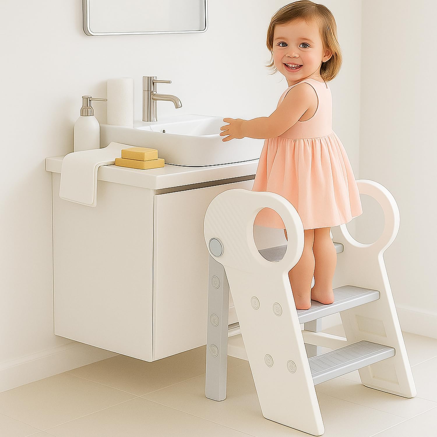 Esemoil Toddler Step Stool for Bathroom Sink, Adjustable 3 or 2 Step Plastic Helper Stool for Kids Toilet Potty Training, Kids Step Stool for Bathroom Counter with Safety Handles and Non-Slip Pads White/Gray