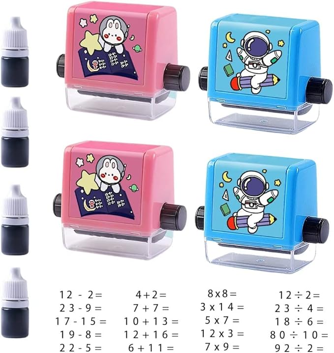 4 Timbri Matematici A Rullo - Per Esercizi Di Addizione, Sottrazione, Moltiplicazione, Divisione, Con Inchiostro - Foto 2