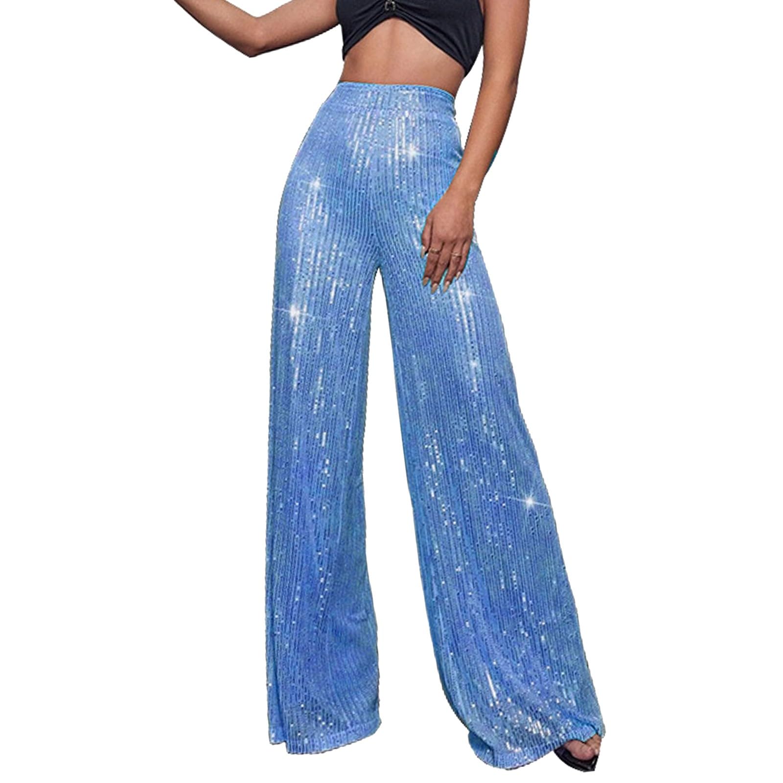 Glitter Leisure Broek Voor Vrouwen Glanzende Casual Wijde Pijpen Broek Vrouw Pailletten Lange Broek Elastische Hoge Taille Glitter Brede Rechte Been Drape Broek Party Clubwear Streetwear, Kaki, XXL