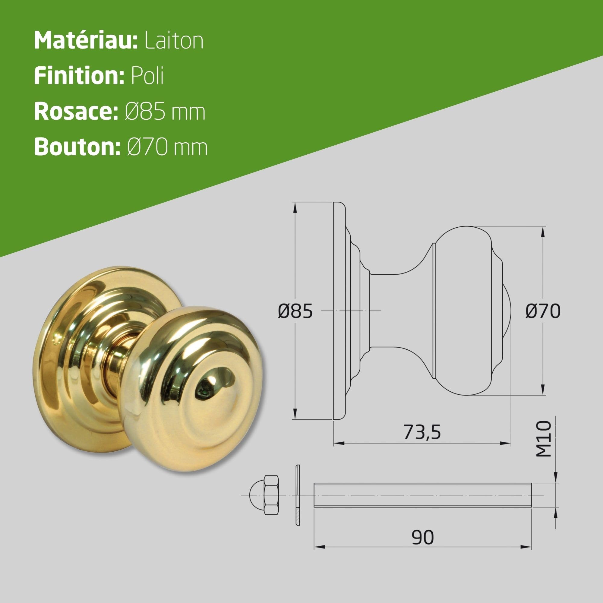 Amig - Bouton Rond pour Portes Extérieures d'Entrée - Poignée pour Porte Principale de la Maison - Diamètre de la Poignée Ø70 mm - Laiton - Doré - Comprend Vis et Écrou de Fixation