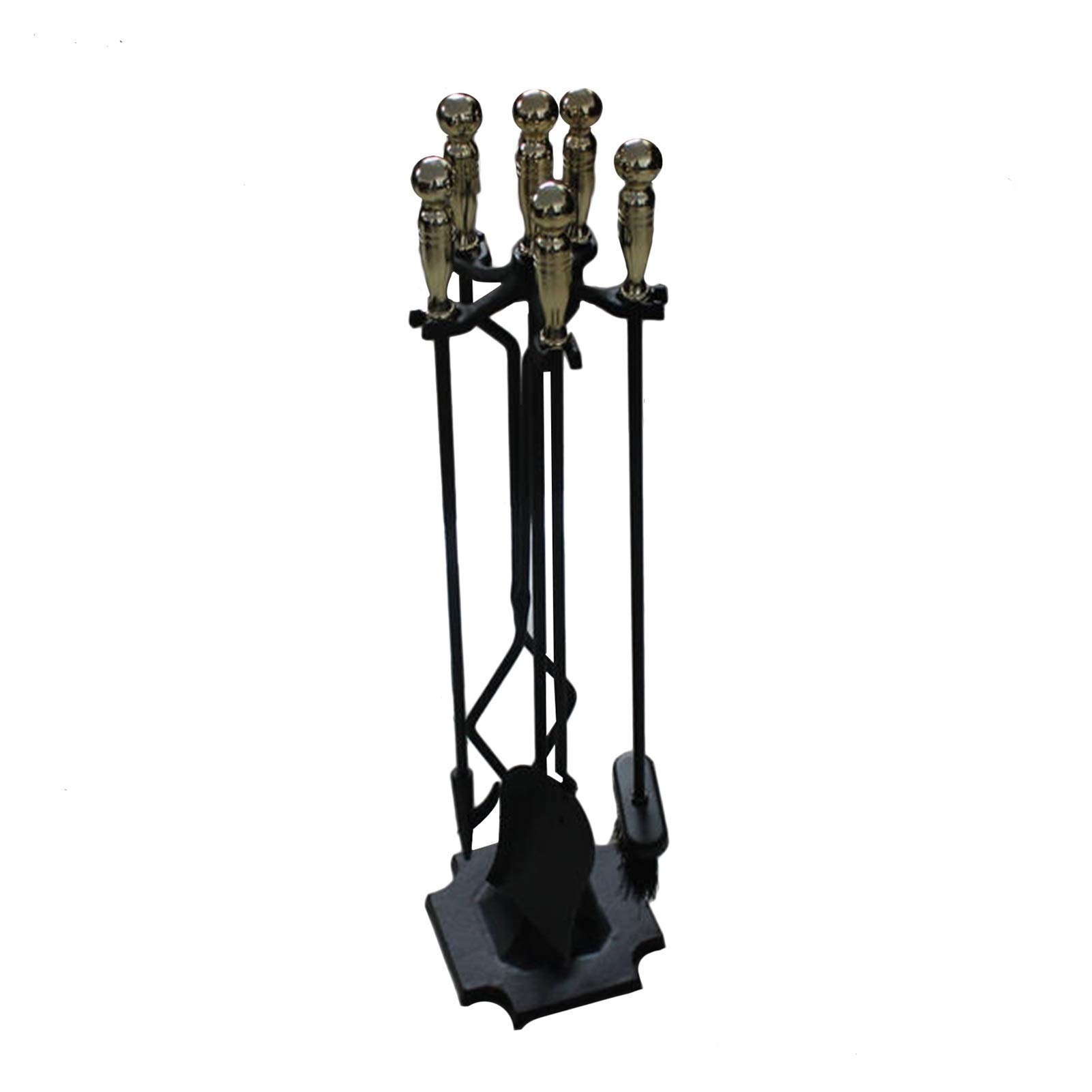 Set di Attrezzi puliti in 5 Pezzi per Cenere ardente del caminetto, Spazzola Nera/Pala/attizzatoio/pinze/Supporto con Manico in Ottone Resistente e Protettivo