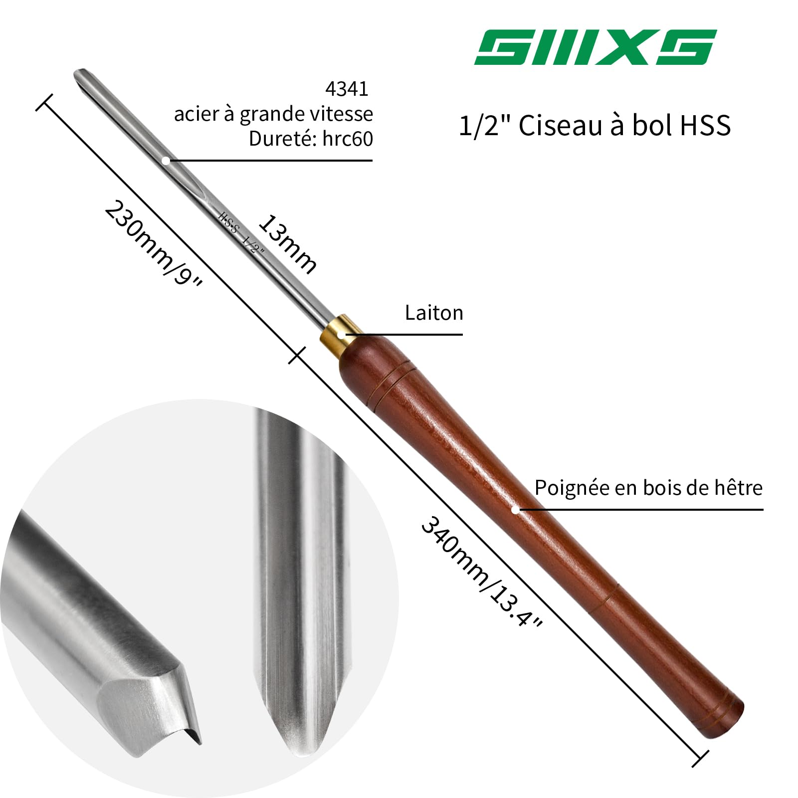 HSS Bowl Gouge d'ébauche ciseau de tour, Gouge de bol de 13mm pour tournage de bois, outils de tournage à bois ciseau de tour à bois