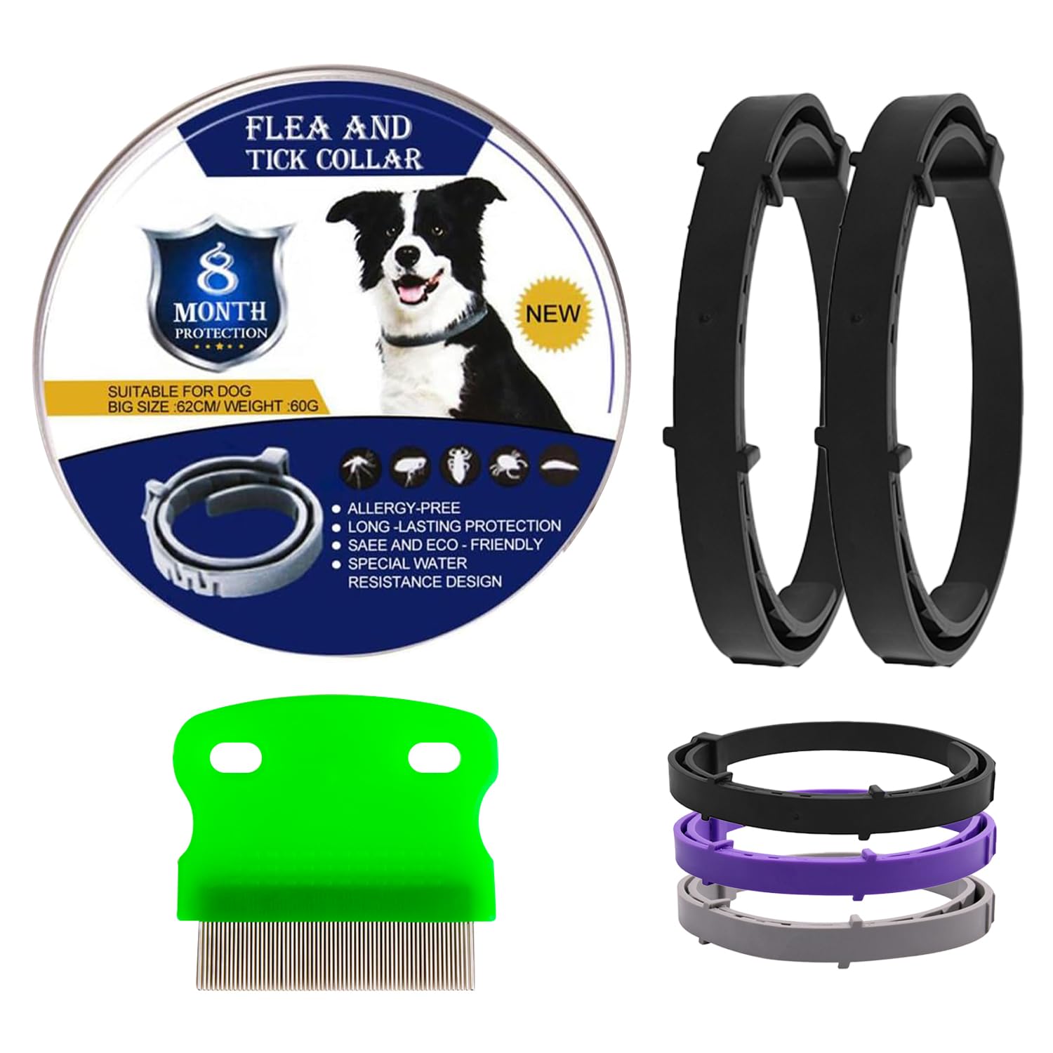 LUSARIS - Pack 2 Collar Antiparasitario Perros + Peine Antipulgas - Collar Antipulgas Perros con 8 Meses de Protección contra Garrapatas y Pulgas - Collar Perro Antiparasitario Talla Única