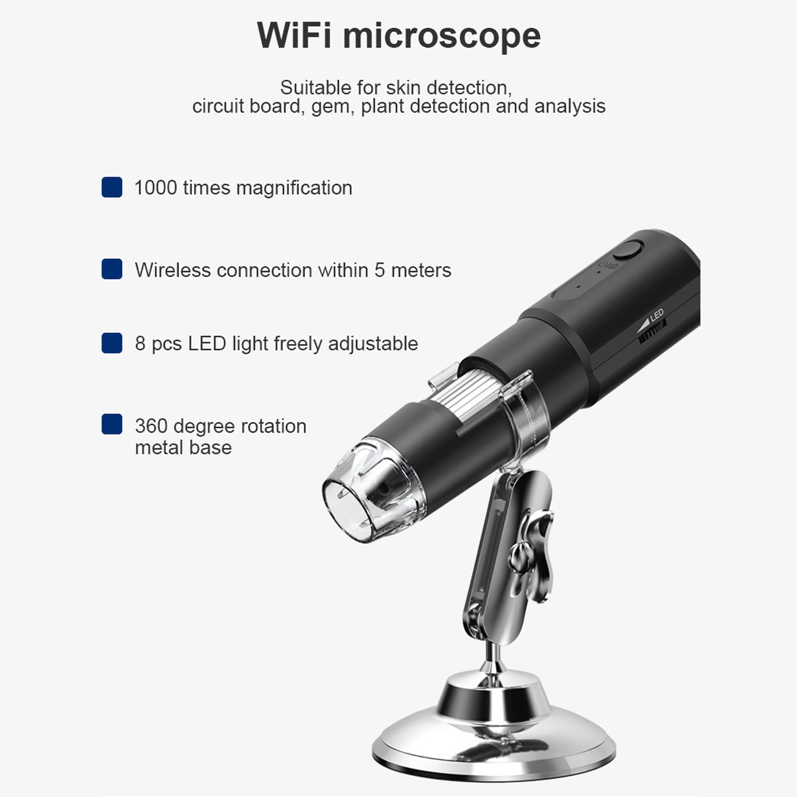 Microscopio Digital de 50X a 1000X, Microscopio USB, Cámara de Microscopio, Microscopio Digital Inalámbrico, USB, Mini Microscopio de Mano Negro con 8 Luces LED para PC,