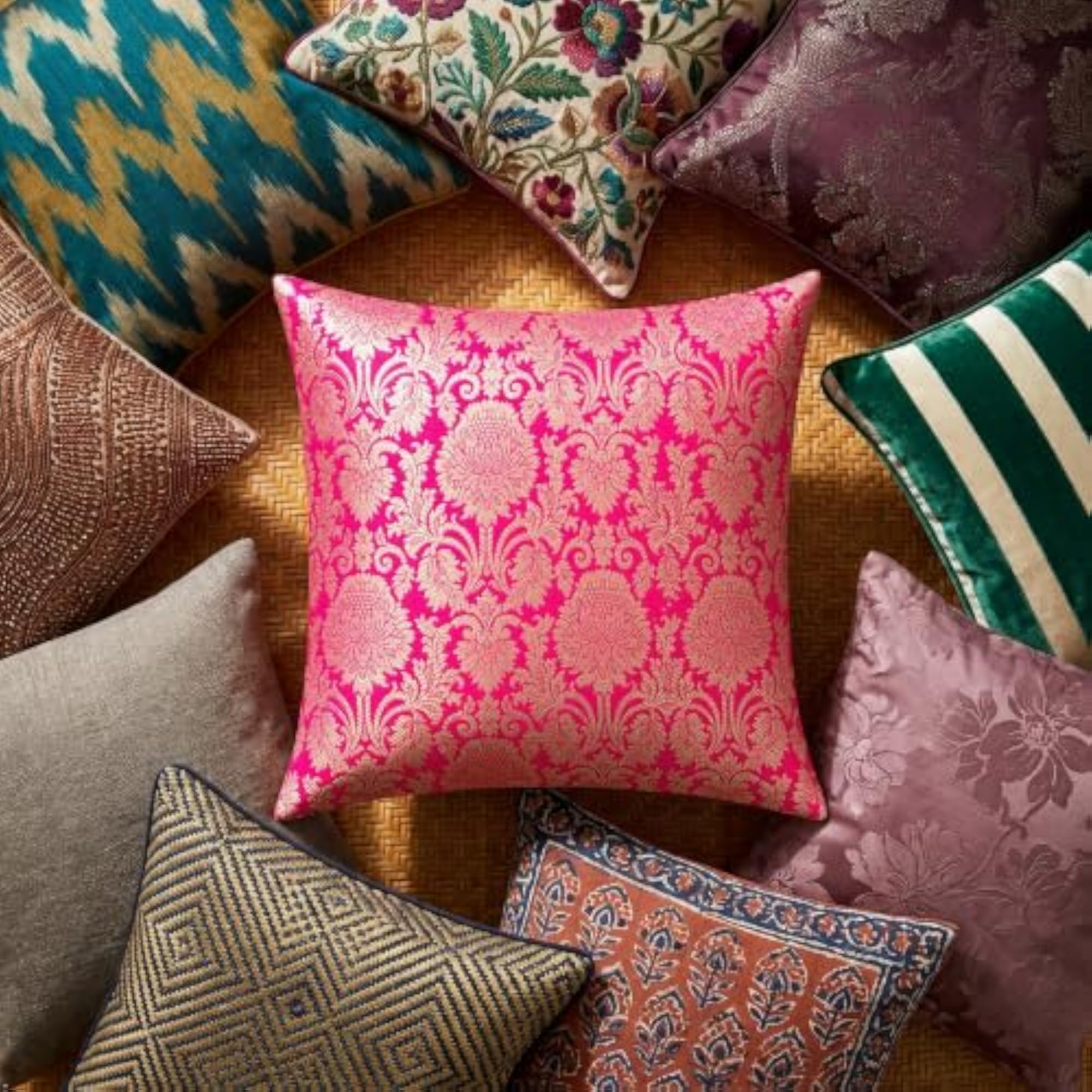 Pink Brocade Silk Throw Pillow Cover with Gold Damask Pattern