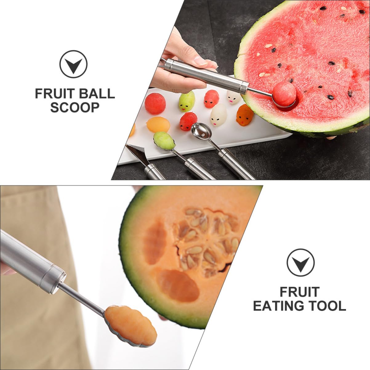 4 Stück Obstausstecher aus Edelstahl für Melonen, Silber | Kugellöffel für Obst, 304 Stück Edelstahl, Angenehmer Griff, Einfache Handhabung, für Küche und Dessert