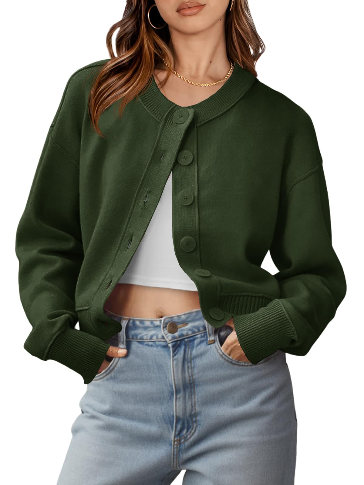 Saodimallsu Womens Button Up Cardigans Fall Trendy Crew Neck Long Sleeve Knit Cropped Sweater Jacket