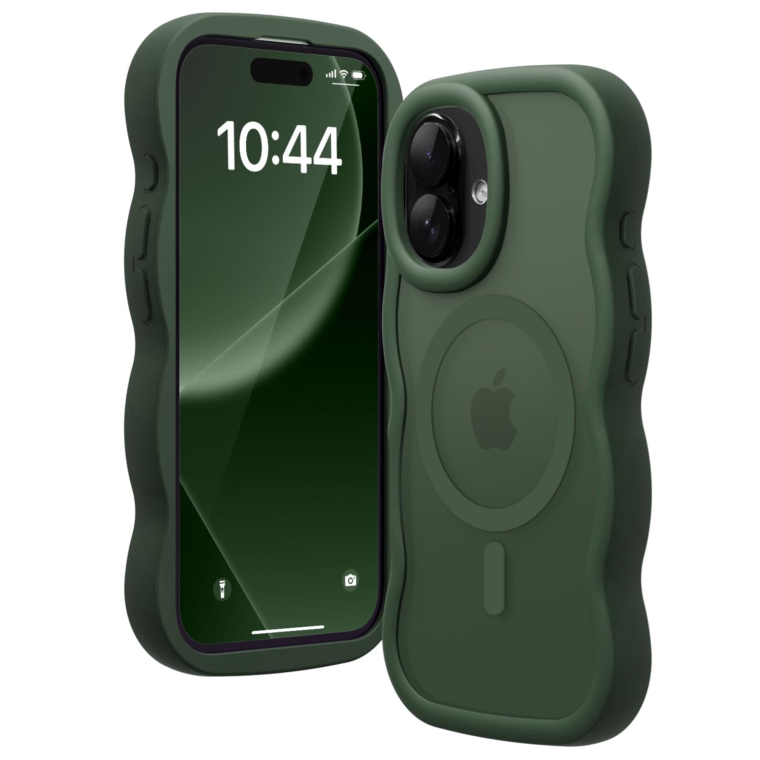 Amzfield iPhone16 Plus ケース MagSafe対応 ダークグリーン ウェーブ半透明マット 耐衝撃 指紋防止 マグネット付き