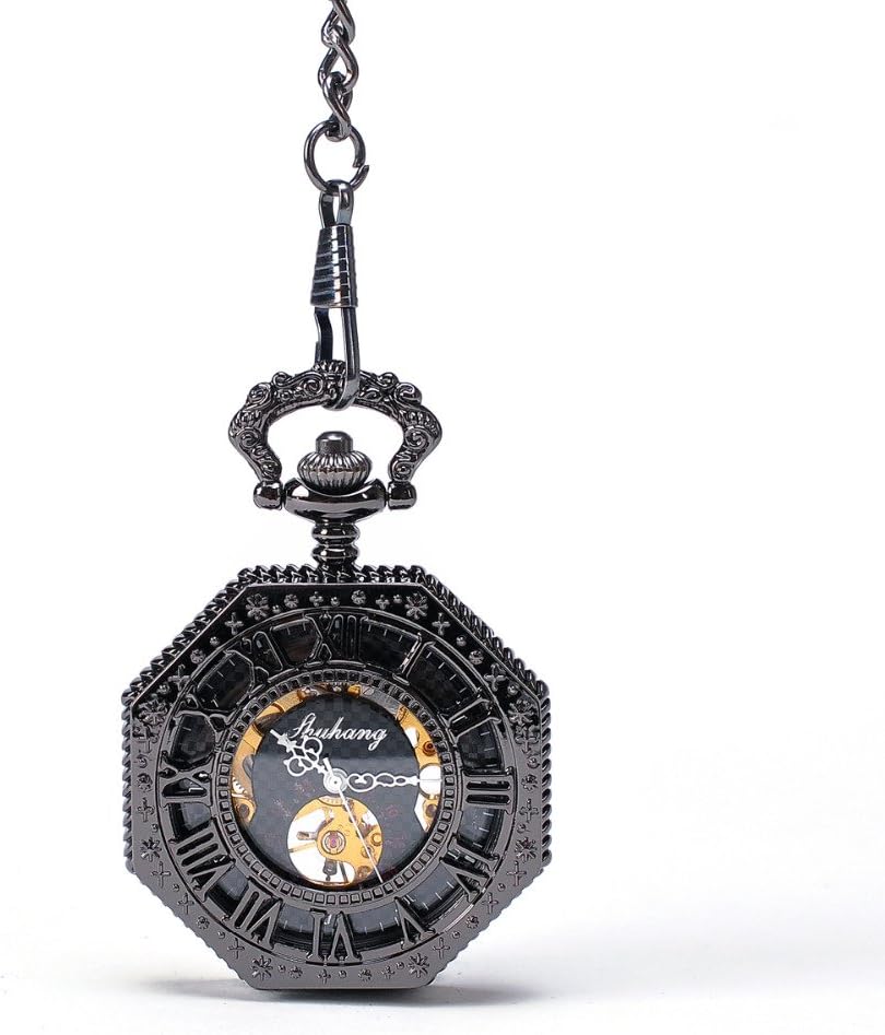 Black Hexagon Hollow Steampunk Skeleton Mechanical Pocket Watch with Chain Antique Cool Irregular Shape Cool Watch