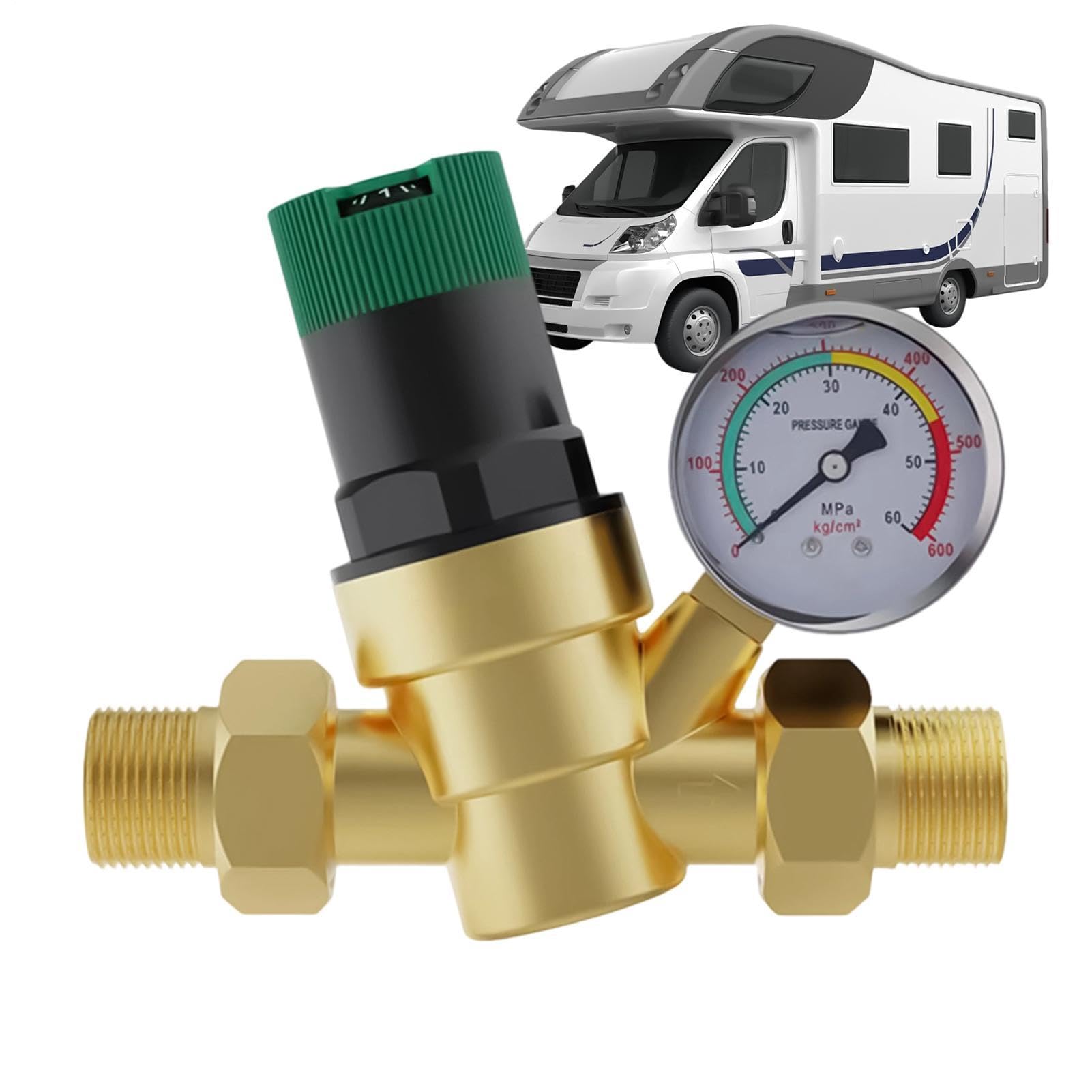 Regulator ciśnienia wody kempingowej regulowany bezołowiowy miedziany zawór przyczepy | z manometrem i filtrem wlotowym regulator ciśnienia wody do kampera, kampera, podróży, na zewnątrz