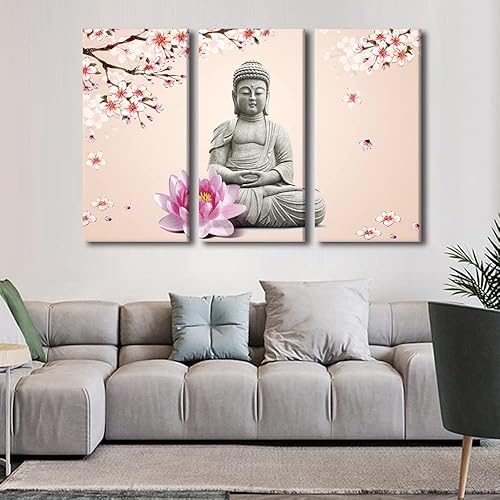Vista 194 de TUMOVO Wall Art for Living Room Buddha Sculpture Flower Paintings Canvas Wall Art 3 Panel Wall Art Canvas Artwork Wall Decor Large Wall Decor Canvas