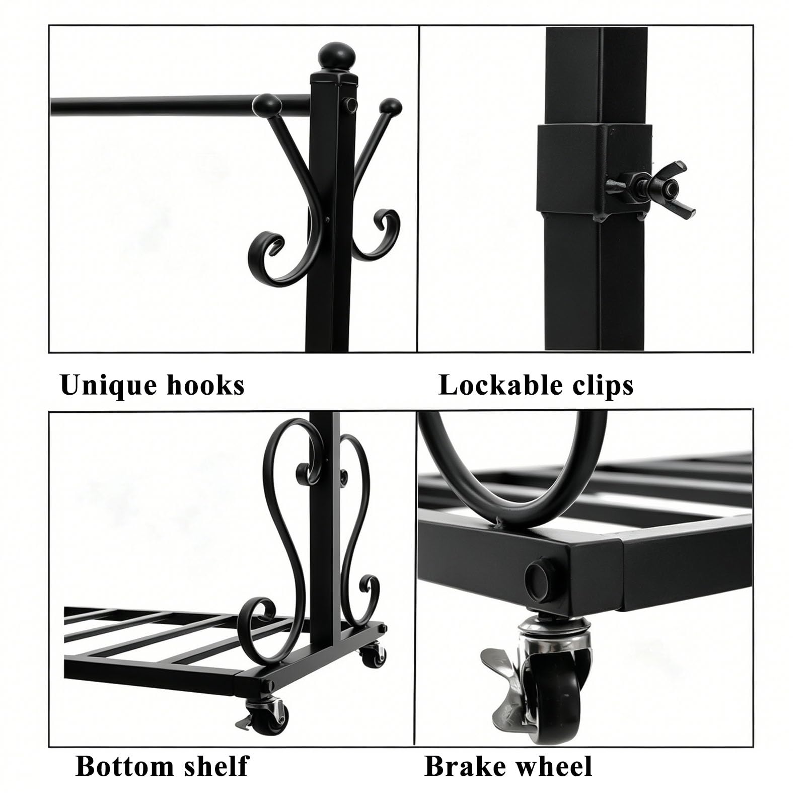 Kleiderständer aus Metall mit Rollen (Schwarz, 120x170cm) | Garderobenständer mit 8 Haken, Regal & 4 Bremsrollen – stabil, belastbar bis 65 kg, für Schlafzimmer, Boutique, Unteres