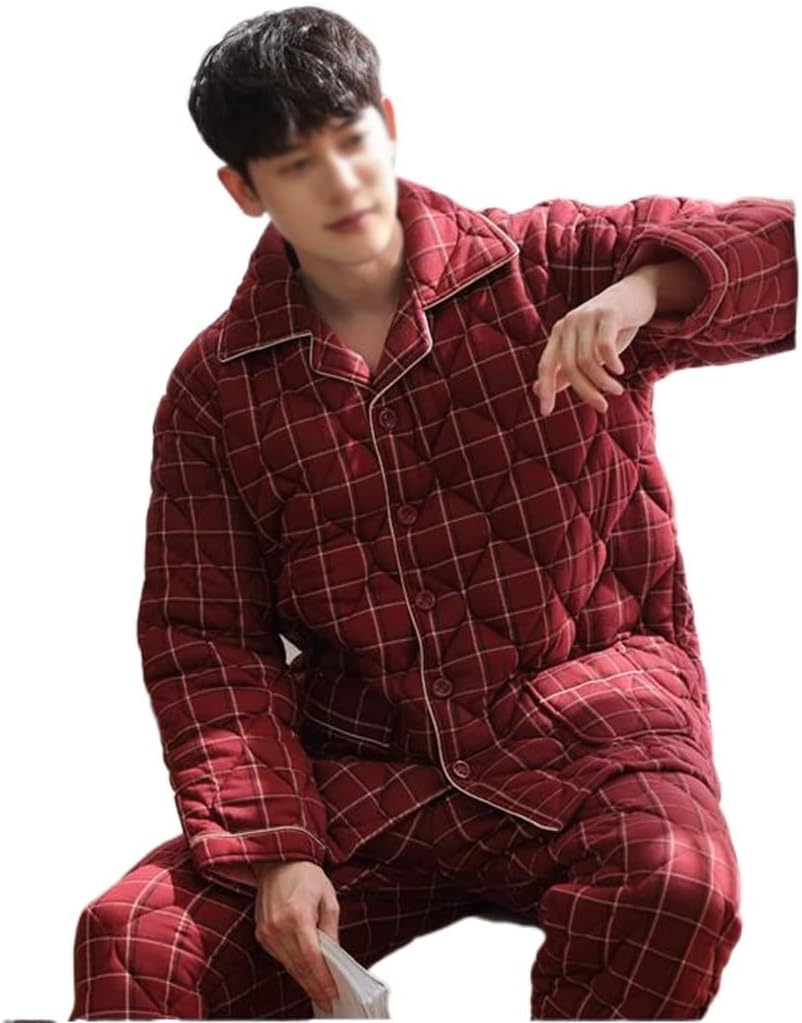 Red Checked Pajamas Men's Cotton Suit Winter Three Layers Of Thick Home Clothes
